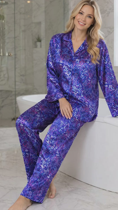 Up2date Fashion Women's Silky Satin Pajama Set Long Sleeve Button Down 2-Piece V-Neck PJs with Pants, Floral & Animal Prints