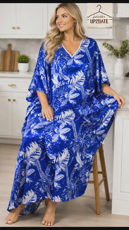 Women's Long Satin Caftan / Kaftan / Muumuu, Tropical Sapphire Print