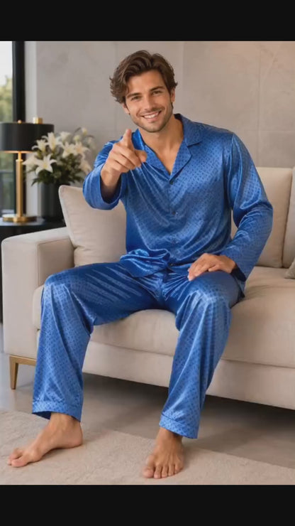 Up2date Fashion Pajamas Set Mens Silk Satin Long Sleeve Loungewear Two-Piece Sleepwear Button-Down Pj with Full Pants