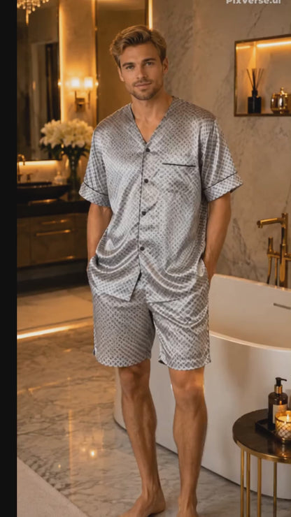 Men's Short Sleeve Silky Satin Pajama Set with Shorts 2 Piece Tie Print PJ Loungewear