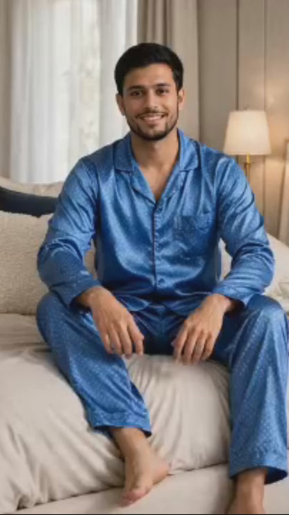 Up2date Fashion Pajamas Set Mens Silk Satin Long Sleeve Loungewear Two-Piece Sleepwear Button-Down Pj with Full Pants