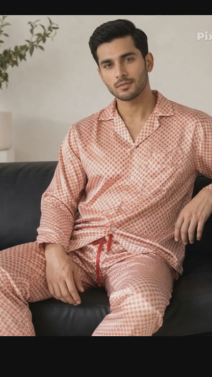 Up2date Fashion Pajamas Set Mens Silk Satin Long Sleeve Loungewear Two-Piece Sleepwear Button-Down Pj with Full Pants