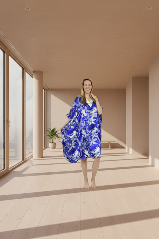 Women's Short Satin Caftan / Kaftan / Muumuu, Tropical Sapphire Print