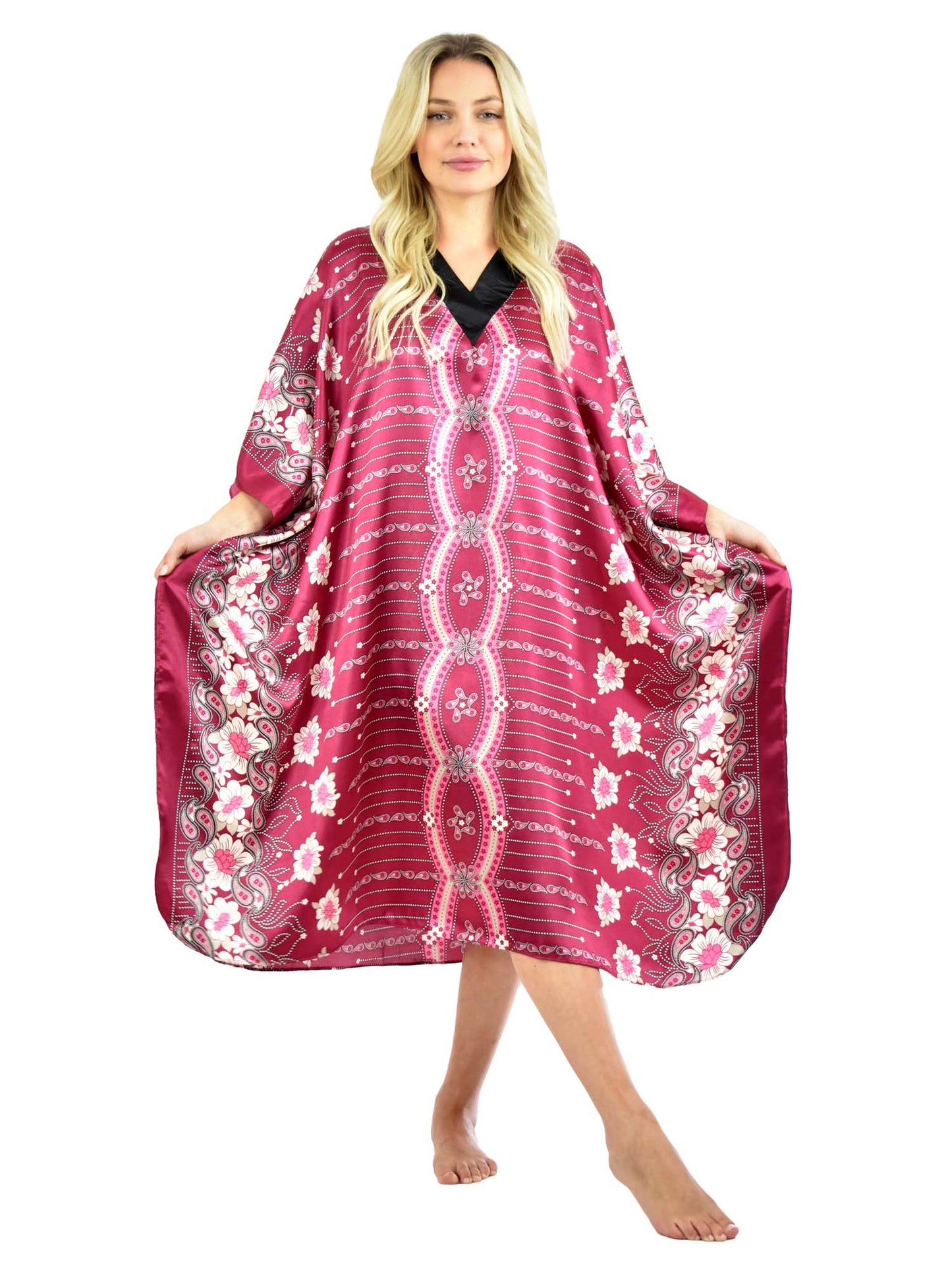 Women's Short Satin Caftan / Kaftan / Muumuu, Cherry Blossom Print