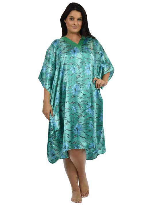 Women's Short Satin Caftan / Kaftan / Muumuu, Underwater Lilies Print