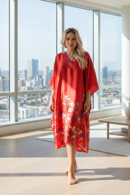 Women's Short Satin Caftan / Kaftan / Muumuu, Charming Red Floral Vines Print
