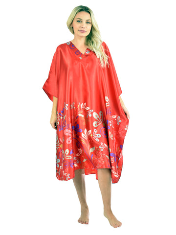 Women's Short Satin Caftan / Kaftan / Muumuu, Charming Red Floral Vines Print