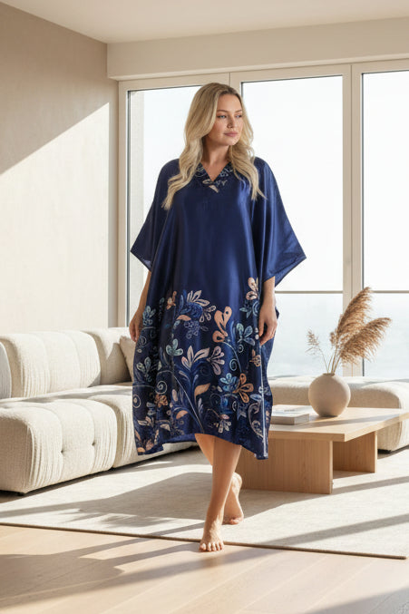 Women's Short Satin Caftan / Kaftan / Muumuu, Midnight Dream Floral Vine Print in Blue