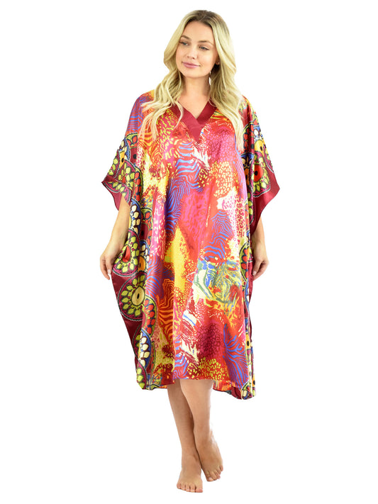 Women's Short Satin Caftan / Kaftan / Muumuu, Sunset Safari Print