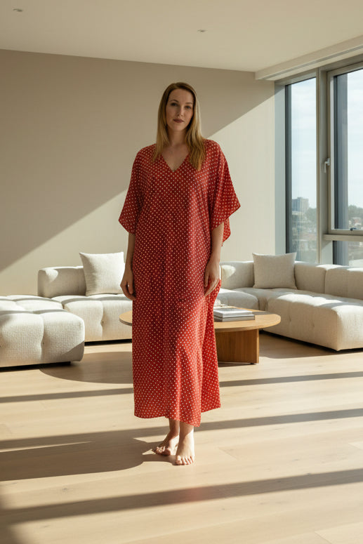 Women's Long Satin Caftan / Kaftan / Muumuu, Red with Polka Dots Print