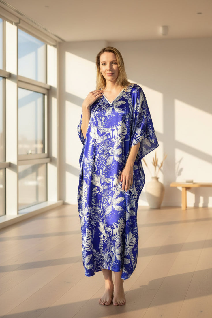 Women's Long Satin Caftan / Kaftan / Muumuu, Tropical Sapphire Print