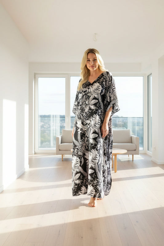 Women's Long Satin Caftan / Kaftan / Muumuu, Midnight Leaves Print
