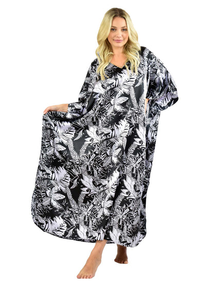 Women's Long Satin Caftan / Kaftan / Muumuu, Midnight Leaves Print
