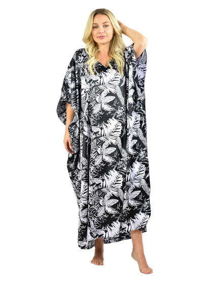 Women's Long Satin Caftan / Kaftan / Muumuu, Midnight Leaves Print