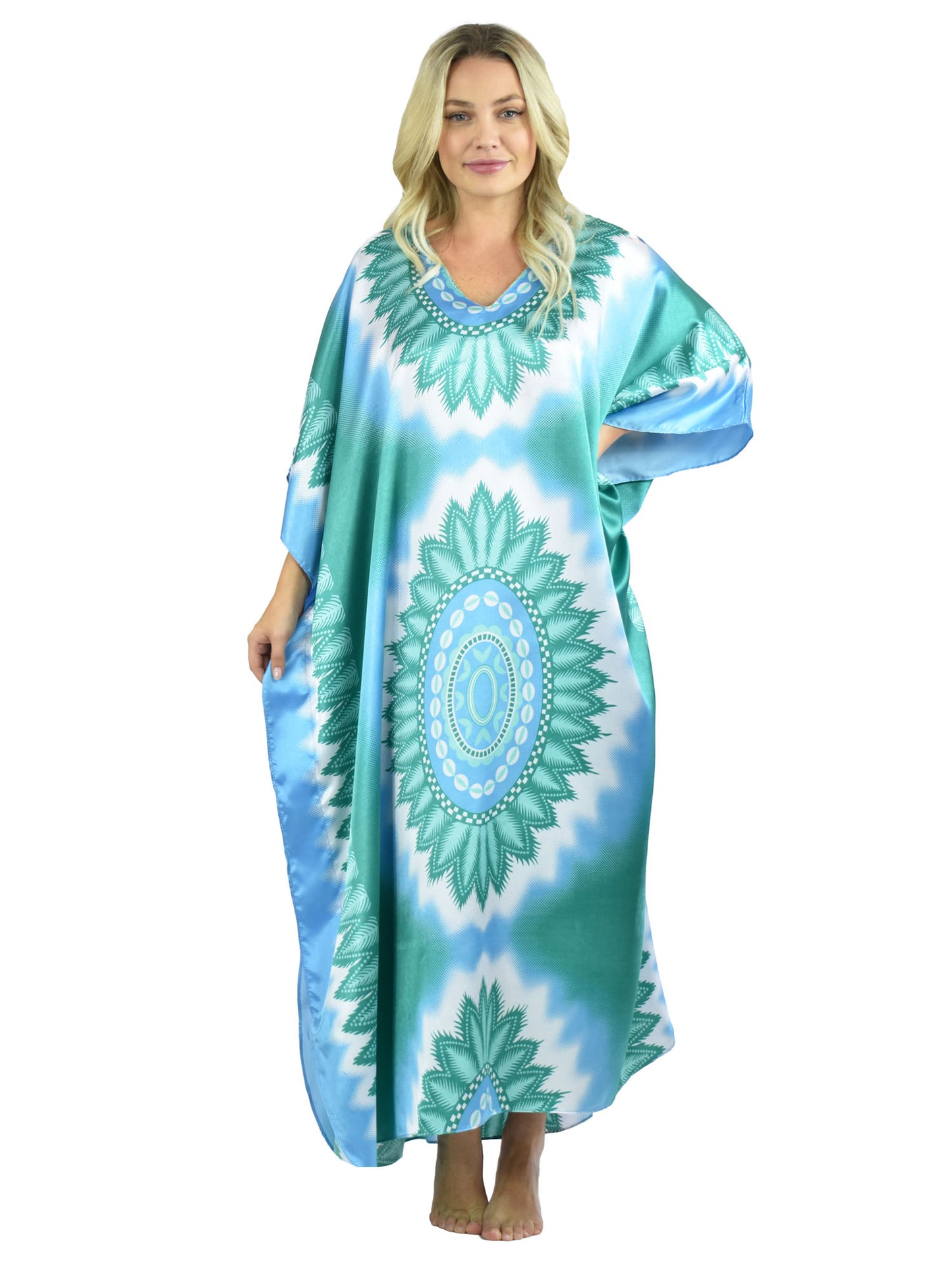 Women's Long Satin Caftan / Kaftan / Muumuu, Aquatic Mandala Print
