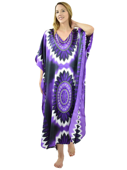 Women's Long Satin Caftan / Kaftan / Muumuu, Violet Print