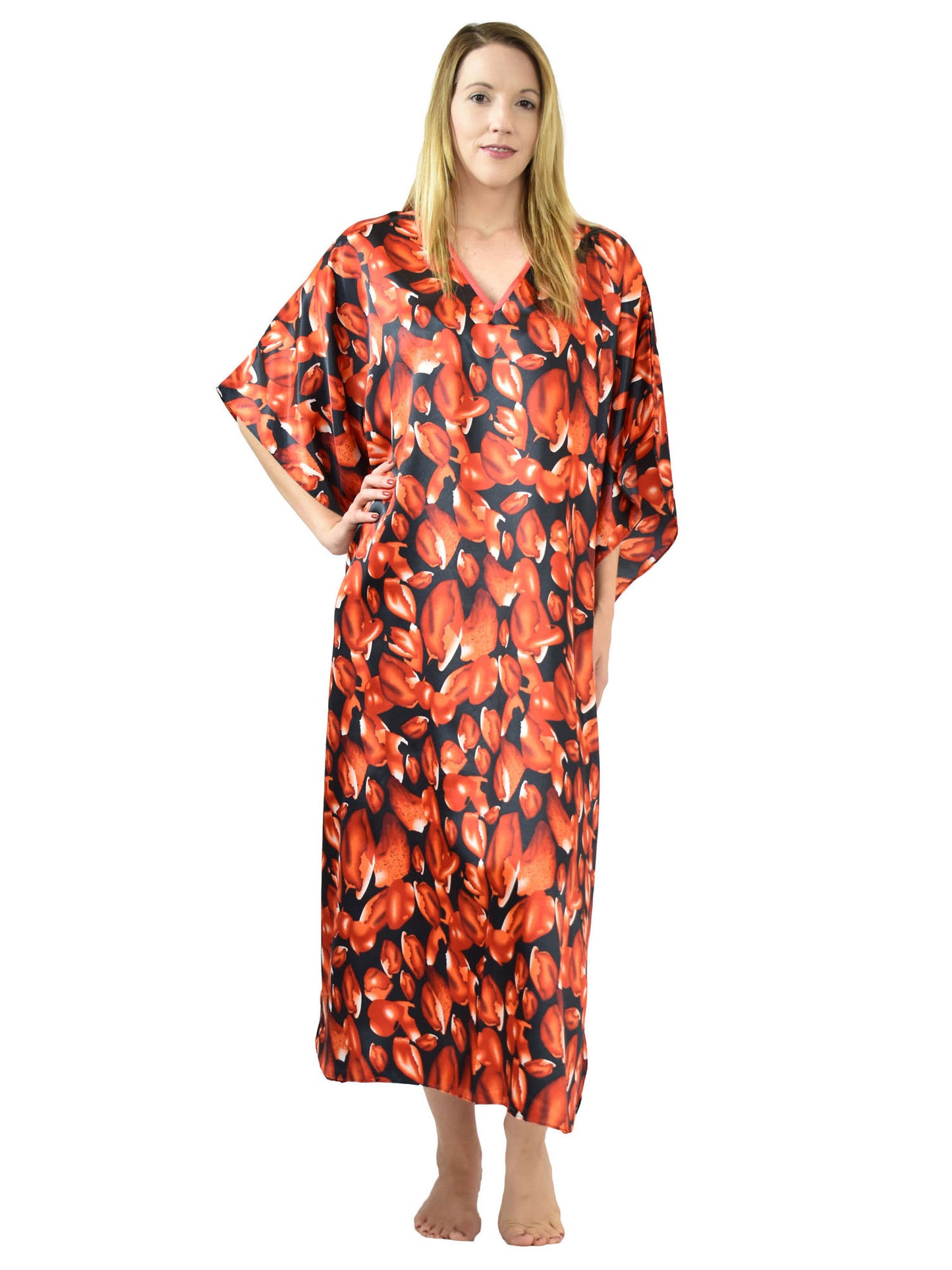 Women's Long Satin Caftan / Kaftan / Muumuu, Rose Petals Shower Print