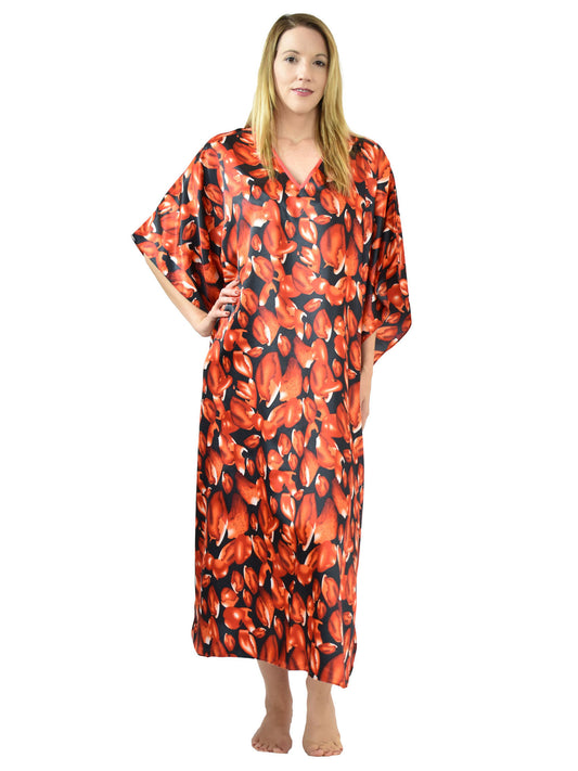 Women's Long Satin Caftan / Kaftan / Muumuu, Rose Petals Shower Print