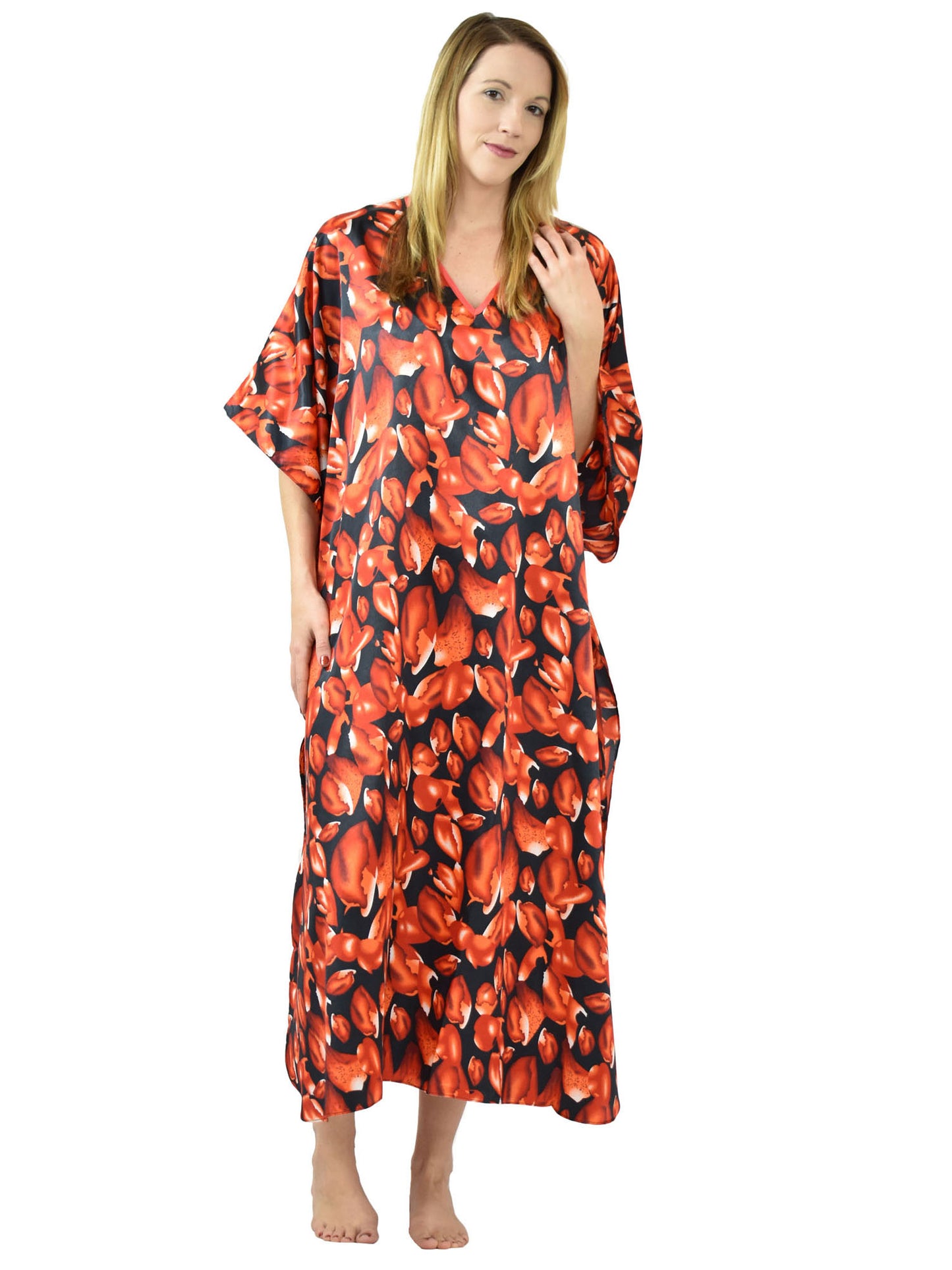 Women's Long Satin Caftan / Kaftan / Muumuu, Rose Petals Shower Print