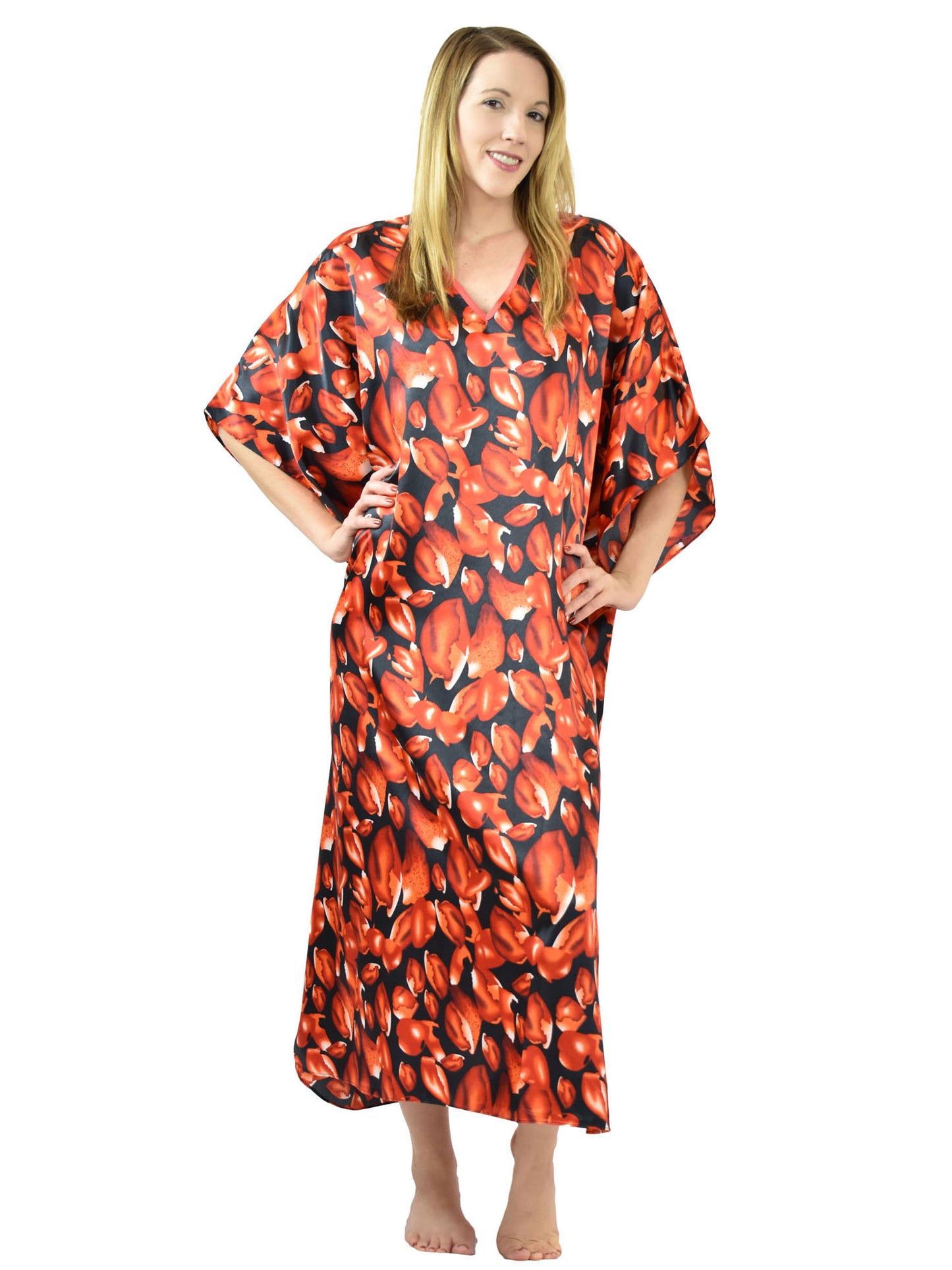 Women's Long Satin Caftan / Kaftan / Muumuu, Rose Petals Shower Print