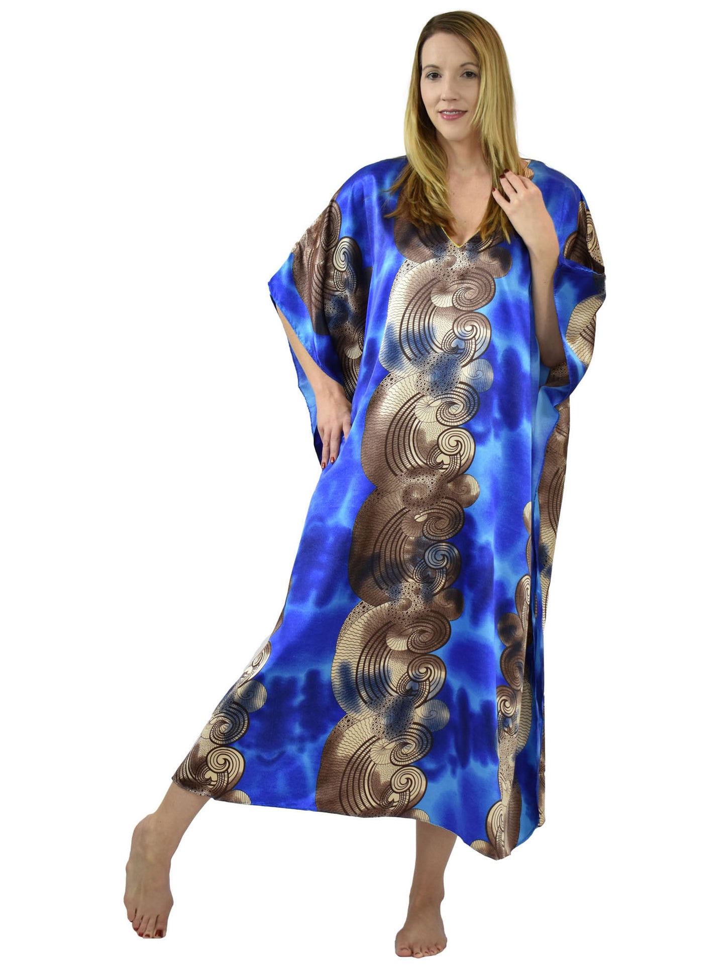 Women's Long Satin Caftan / Kaftan / Muumuu, Underwater Harmony Print