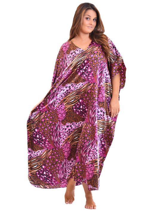 Women's Long Satin Caftan / Kaftan / Muumuu, Pink Cocktail Animal Print