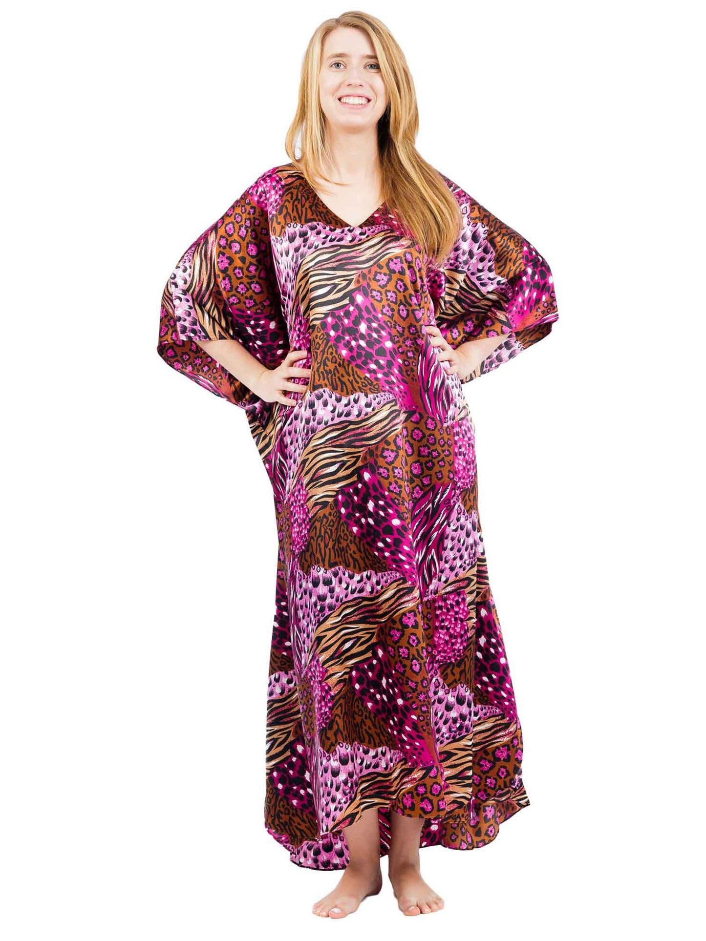Women's Long Satin Caftan / Kaftan / Muumuu, Pink Cocktail Animal Print