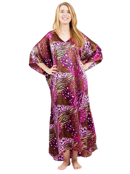 Women's Long Satin Caftan / Kaftan / Muumuu, Pink Cocktail Animal Print