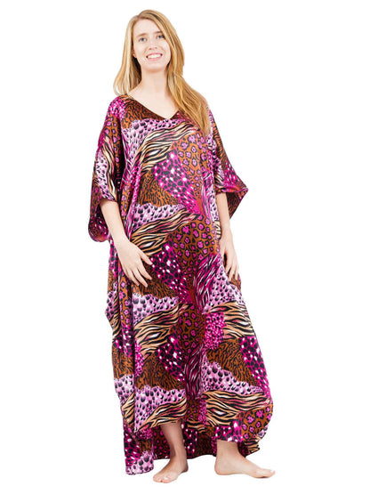 Women's Long Satin Caftan / Kaftan / Muumuu, Pink Cocktail Animal Print