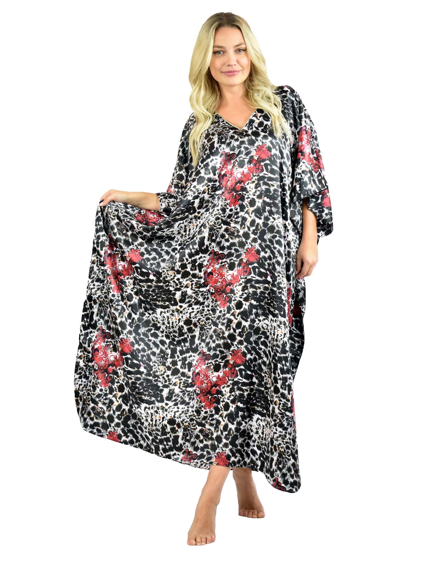 Women's Long Satin Caftan / Kaftan / Muumuu, Animal Tricolor Print in Black, White, and Red