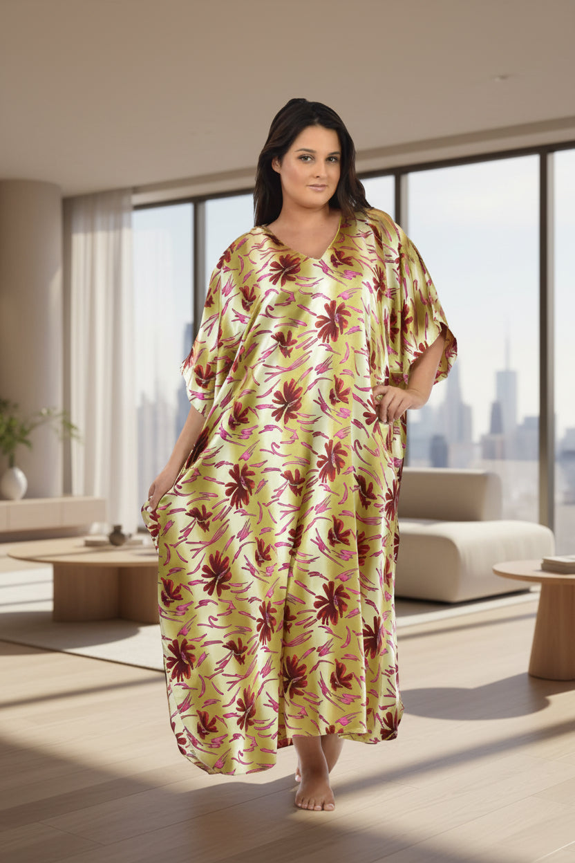 Women's Long Satin Caftan / Kaftan / Muumuu, Coral Lilies Print