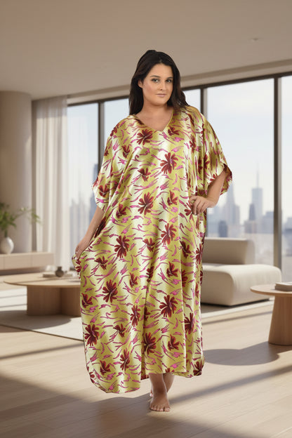 Women's Long Satin Caftan / Kaftan / Muumuu, Coral Lilies Print