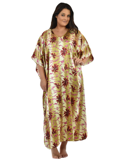 Women's Long Satin Caftan / Kaftan / Muumuu, Coral Lilies Print