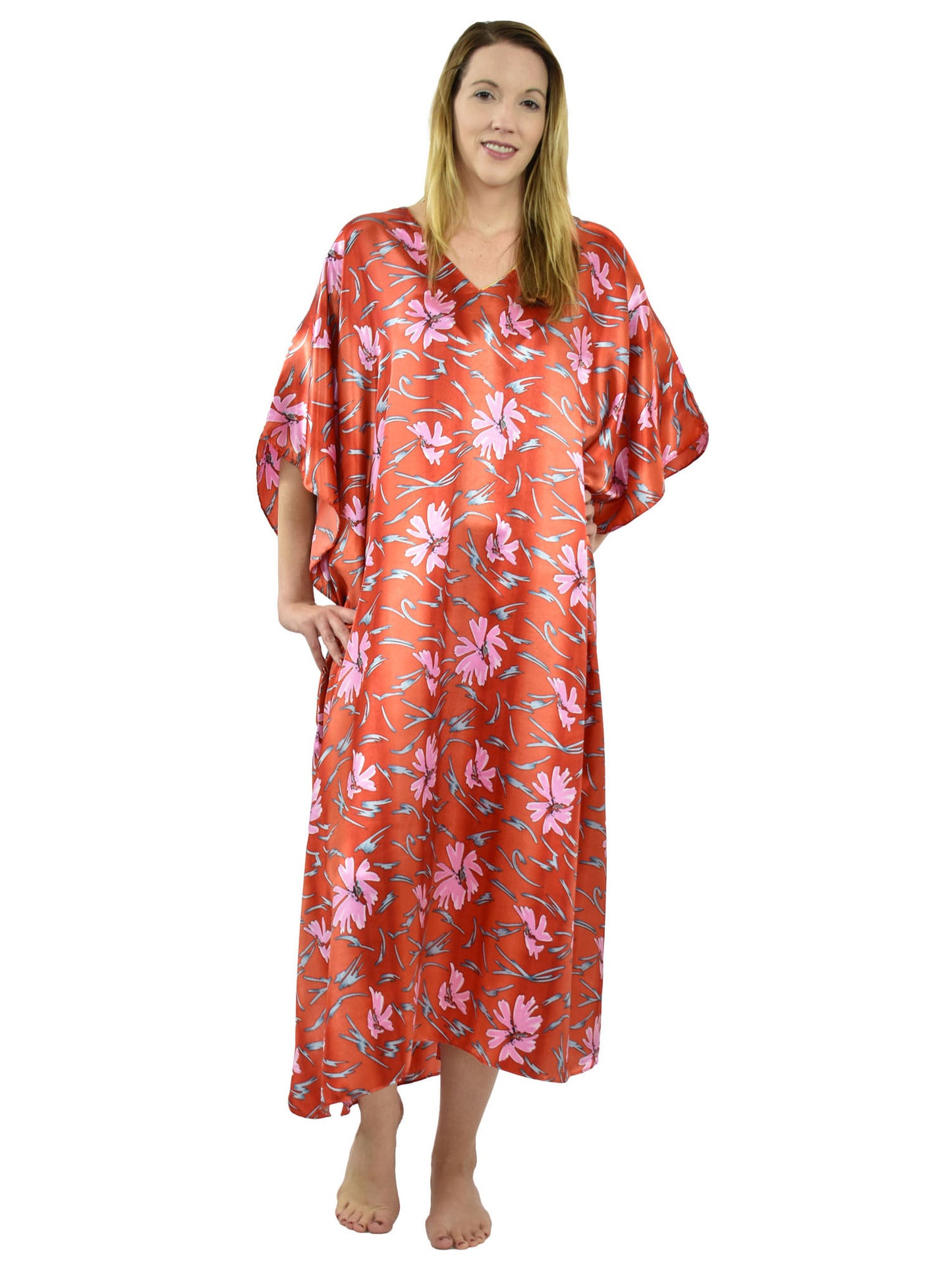 Women's Long Satin Caftan / Kaftan / Muumuu, Red Underwater Lilies Print