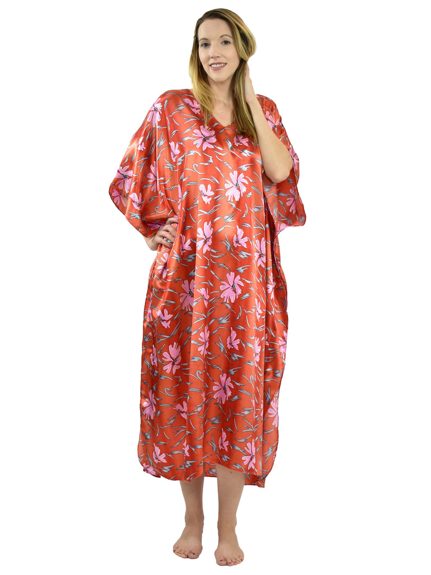 Women's Long Satin Caftan / Kaftan / Muumuu, Red Underwater Lilies Print