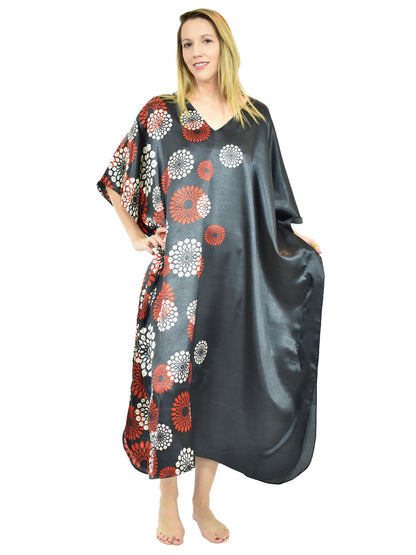Women's Long Satin Caftan / Kaftan / Muumuu, Midnight Spheroid Print