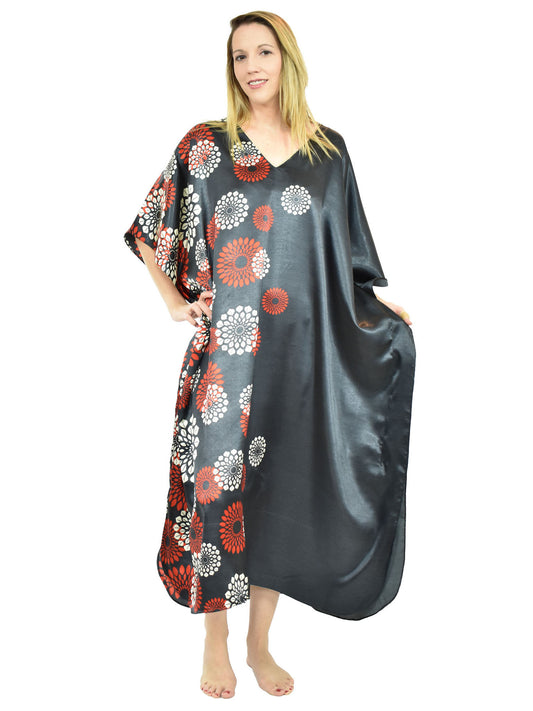 Women's Long Satin Caftan / Kaftan / Muumuu, Midnight Spheroid Print