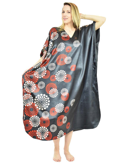 Women's Long Satin Caftan / Kaftan / Muumuu, Midnight Spheroid Print