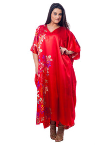 Women's Long Satin Caftan / Kaftan / Muumuu, Charming Red Floral Vines Print