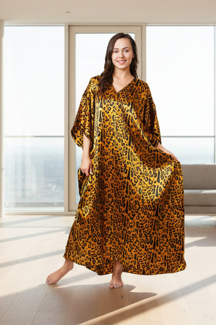 Satin Caftan for Women in Cheetah Print, One Size Kaftan/Mumu, Caf-64