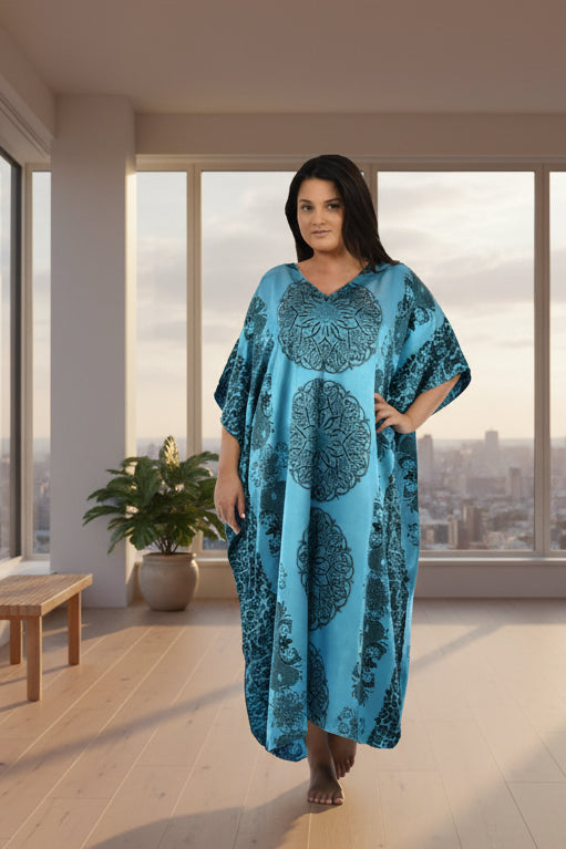 Women's Long Satin Caftan / Kaftan / Muumuu, Blue Mandala Print