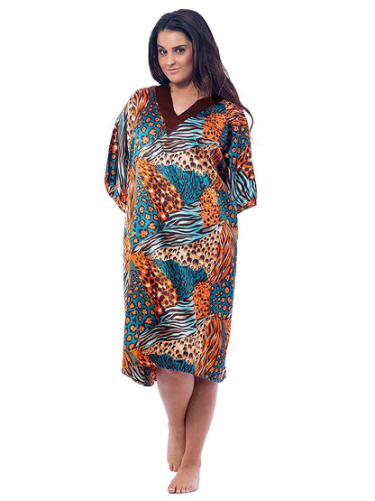 Women's Short Satin Caftan / Kaftan / Muumuu, Tropical Cocktail Animal Print