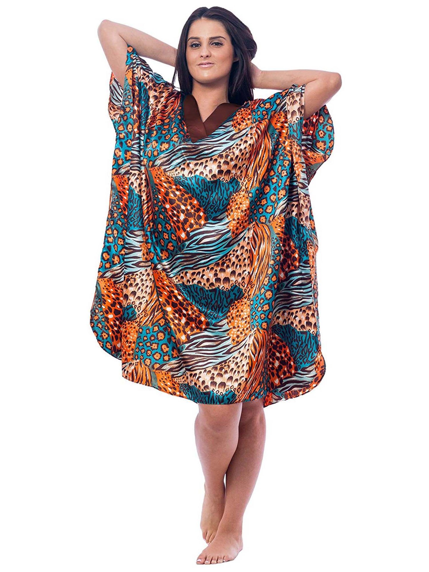 Women's Short Satin Caftan / Kaftan / Muumuu, Tropical Cocktail Animal Print