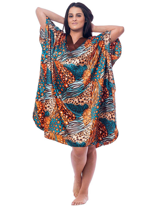 Women's Short Satin Caftan / Kaftan / Muumuu, Tropical Cocktail Animal Print