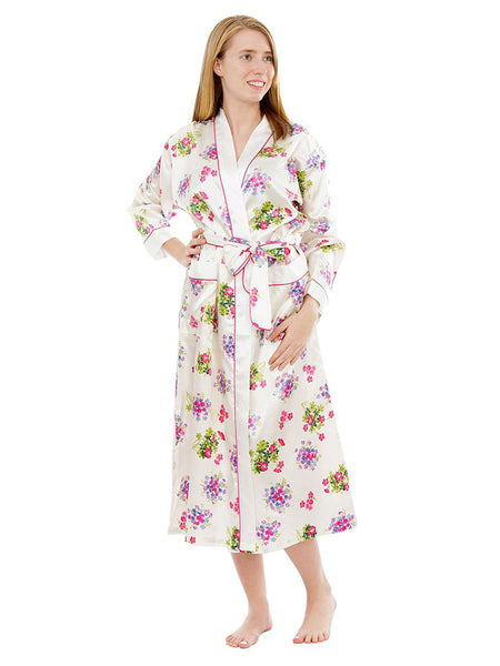 Women's Long Robe, Satin, Ivory Floral Print with Pockets
