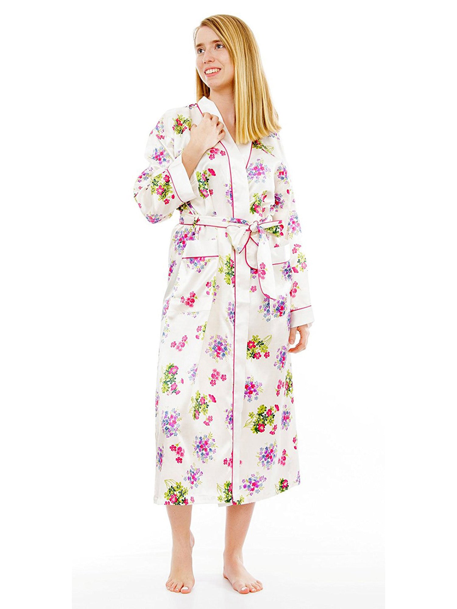Women's Long Robe, Satin, Ivory Floral Print with Pockets