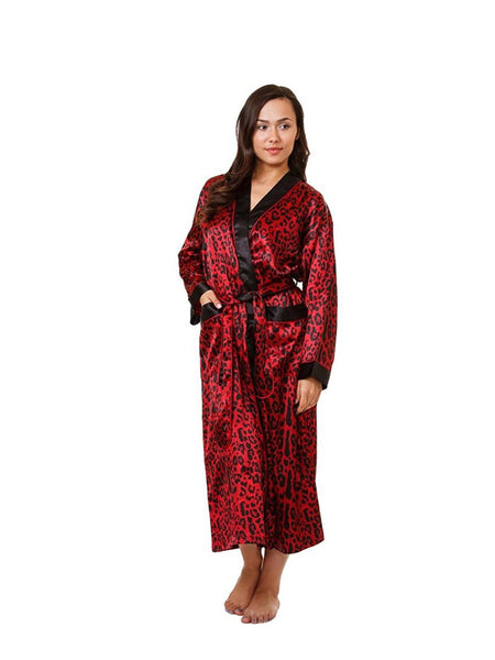Women's Long Robe, Satin, Red Tiger Print with Pockets