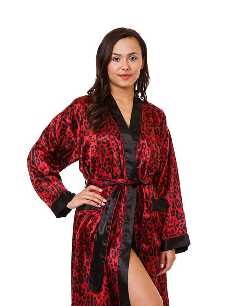 Women's Long Robe, Satin, Red Tiger Print with Pockets