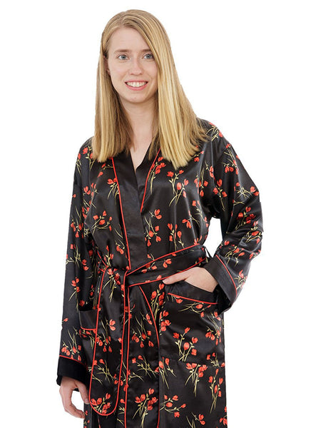 Women's Long Robe, Satin, Vintage Rose Print with Pockets