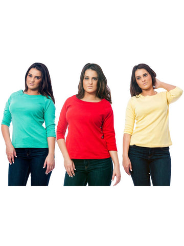 Women's Knit Boat Neck Top, 3-Piece Combo in Green, Red, and Yellow